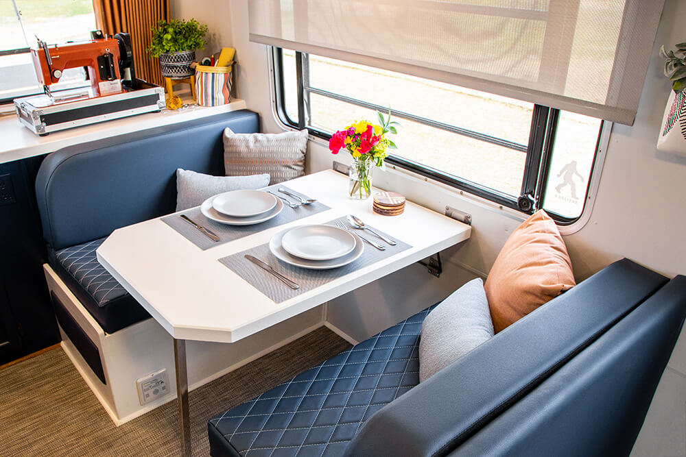 RV vinyl fabric for dinette seating area.